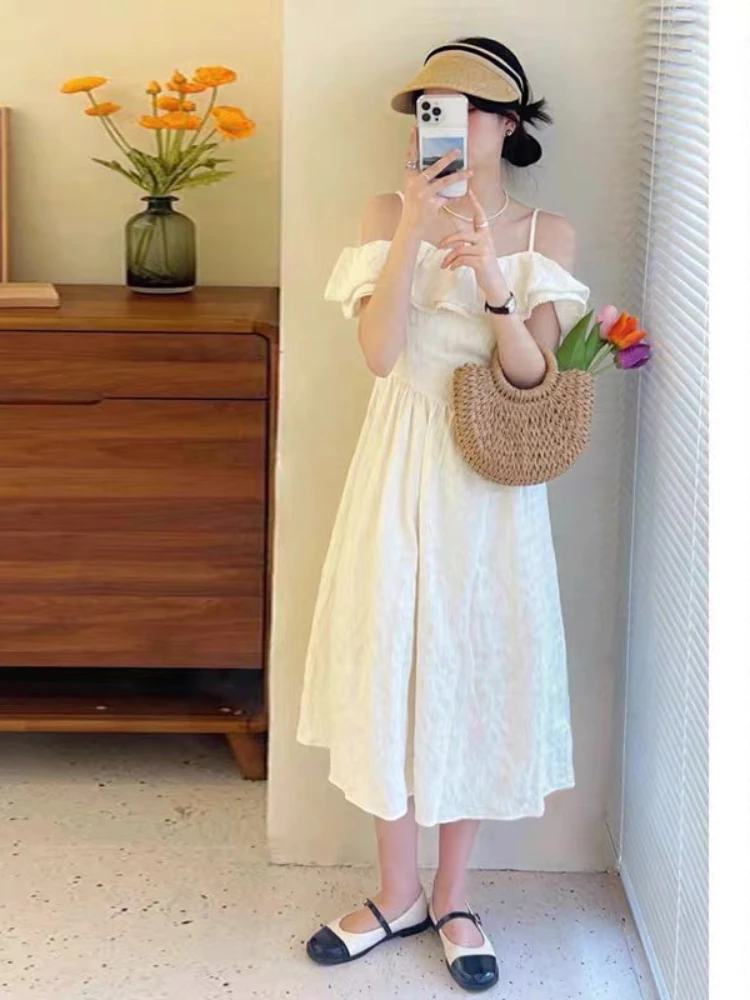 

Korean Chic Summer Sweet and Gentle Ruffled One-word Collar First Love Skirt Waist Mid-length Suspender Dress Female