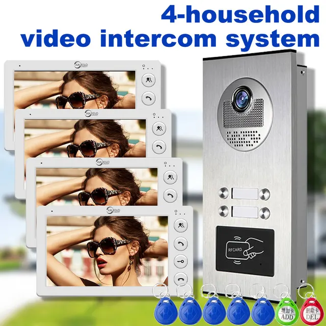 4 Unit Multi Apartments Intercom Video Doorbell with RFID Card Unlock 7inch 4Wired Video Door Phone System 1