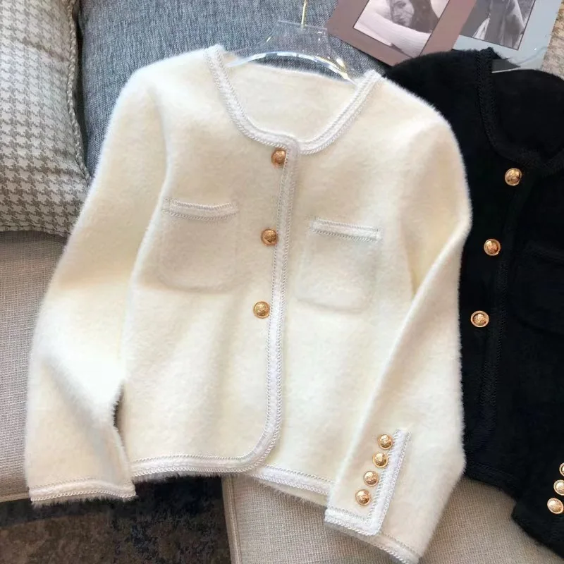 

Женское бархатное пальто из норки, короткая женская куртка, маленькая верхняя одежда для девочек, осенне-зимние свитера с круглым вырезом и длинными рукавами
