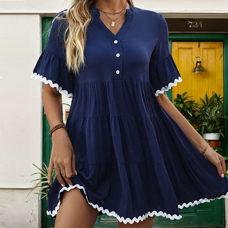 

2024 New Summer Dress Lace V-Neck Solid Color Doll Dress Maxi Dresses for Women Bodycon Dress