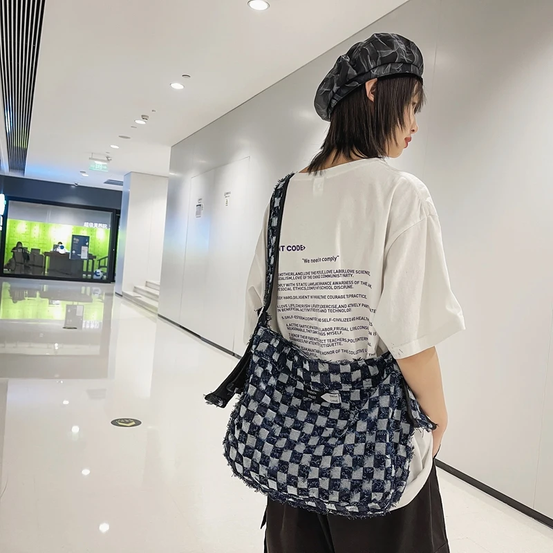 Checkered Women's Bag 2022 Trend Denim Tassel Shoulder Bag Jeans Big Shopping Eco Bag Large Capacity Crossbody Bags Casual Daily