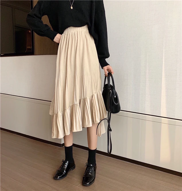 2021 New Woman Golden Velvet Pleated High Waist Slim Casual Skirt Mid Length Autumn Winter A-line Skirt Girl Daily Beige brown skirt