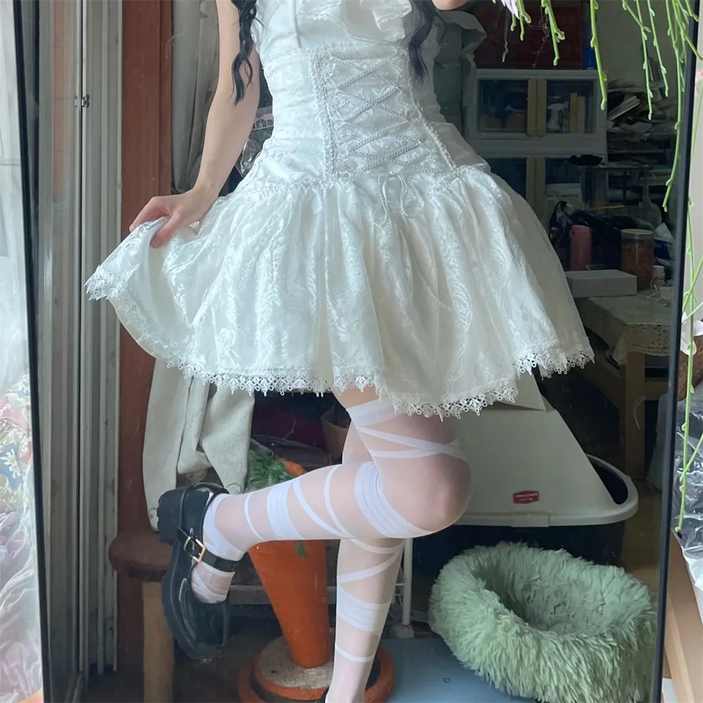 2025 Lolita Subculture Black White Short SK Lace Skirt High Waist Lace Up Girls Birthday Gothic Victorian Cosplay Party Skirts 5