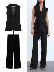 ZABA Women's Vintage Lapel Sleeveless Solid Colour Belted Vest Top Jacket and Blazer Pants Set Elegant Commuter Pant Suit