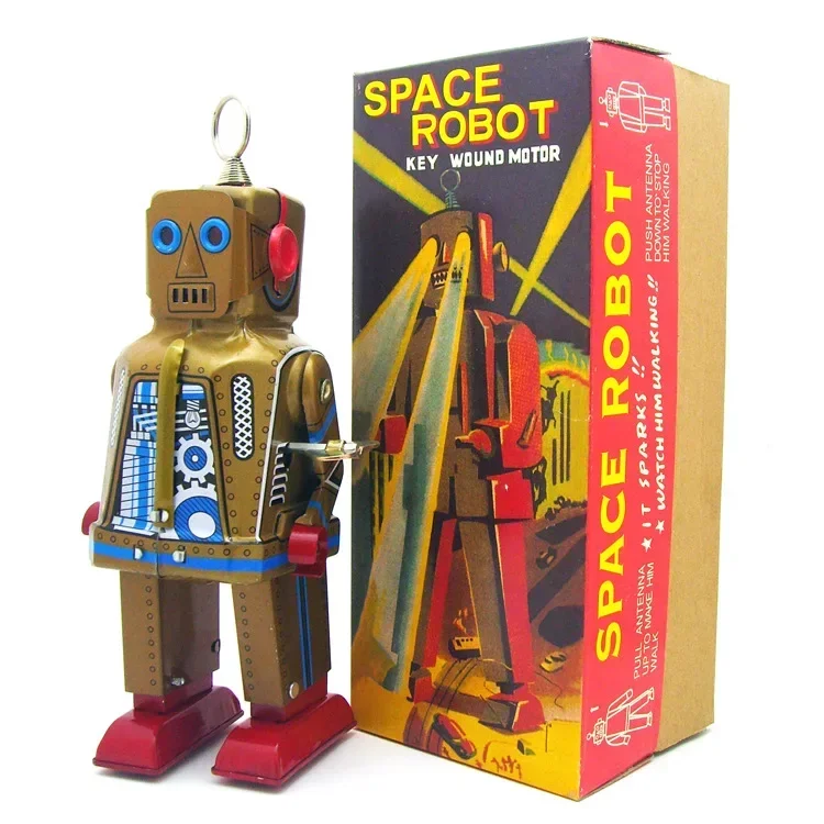 Classic collection Retro Clockwork Wind up Metal Walking Tin Space robot key wound motor toy Mechanical christmas gift