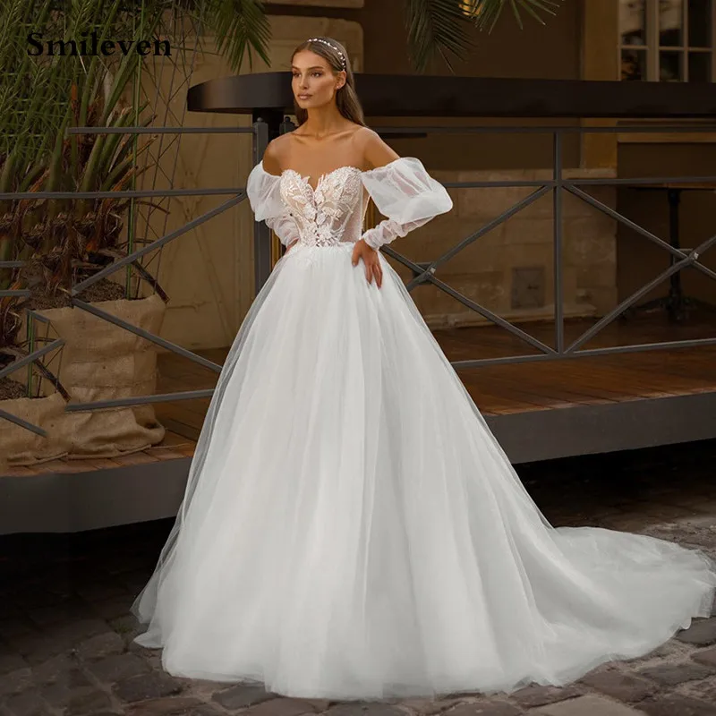 Lace A Line Beach Wedding Dress | Long Puff Sleeves