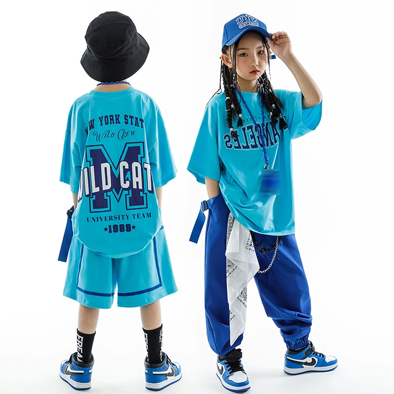 Children Costumes Street Dance Kids Hip Hop Clothing Girls Boys Blue Short Sleeves T Shirt Pants Casual Rave Clothes Loose Practice Wear BL10496