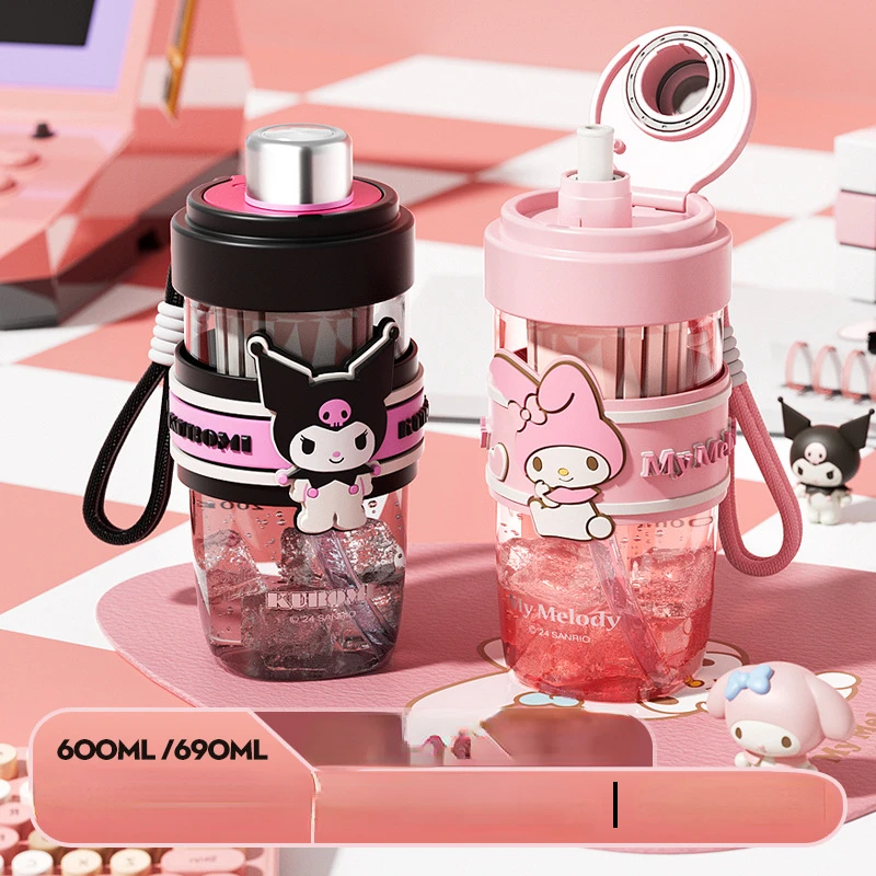 

Бутылки Sanrio спортивные портативные и вместительные пластиковые чашки для студентов удобные для открывания крышки соломинки чайные сепараторы чашки