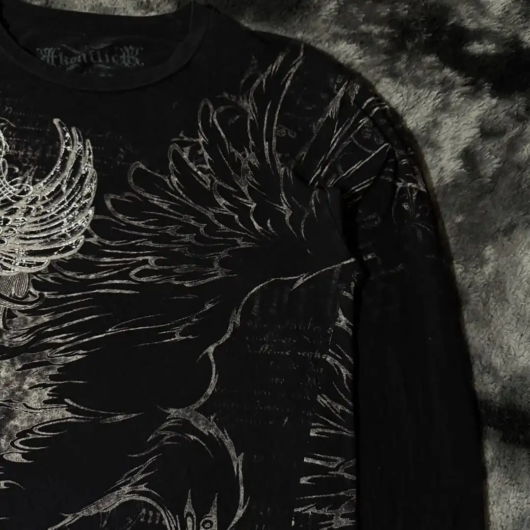 Black Mens Gothic Dark Style Sweatshirt Loose Unique Wing Print Design on Front Chest Trendy Casual Streetwear Edgy Personality