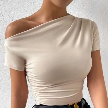 T-shirt monospalla solida, elegante Top arricciato a maniche corte per la primavera e l'estate, abbigliamento donna 1