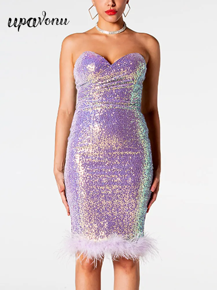 

Sexy Strapless Sleeveless Feather Patchwork Shiny Sequin Dress Women's Celebrity Cocktail Evening Club Party Backless Dresses