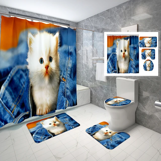 Feelyou Cortina de chuveiro gatinho fofo gato desenho animado gato cortina  de banho kawaii gatos e flores conjunto de cortina de chuveiro para  crianças crianças amantes de gatos crianças acessórios de banheiro