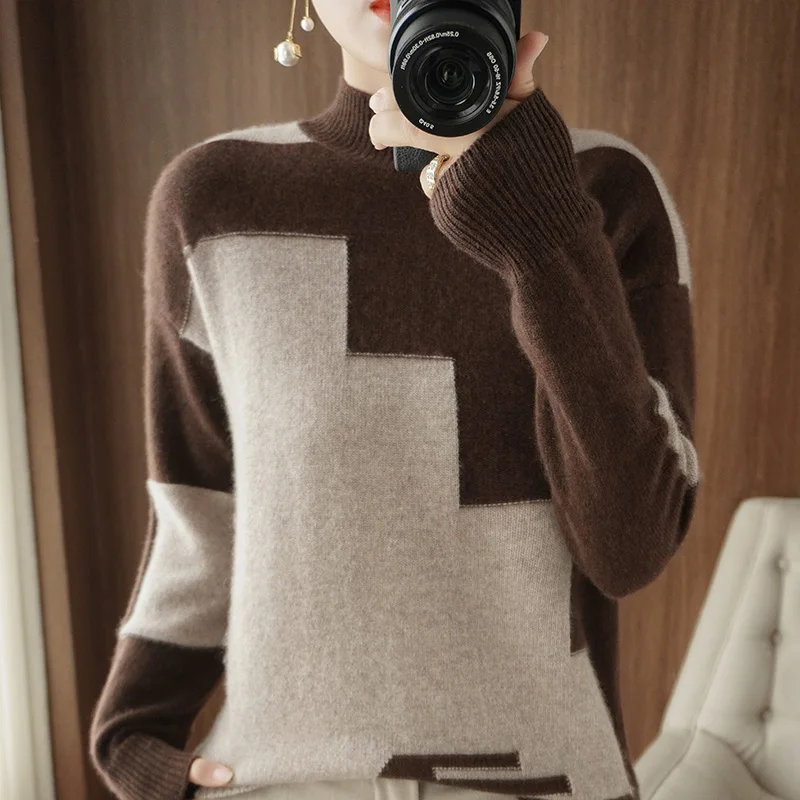 

2023 Autumn and Winter New Women's 100% Wool Cashmere Sweater Half High Neck Knitted Pullover Loose Korean Fashion Women's Top