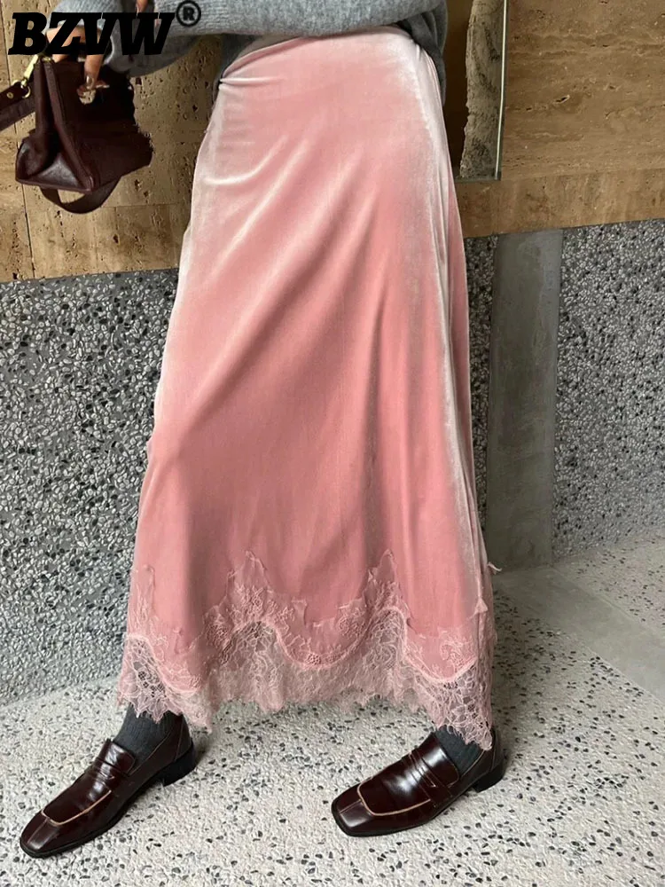 

BZVW Vintage Designer Lace Spliced Velvet Elastic Waist Skirt For Women 2023 New Trend Elegant Casual Female Skirts 25X3708