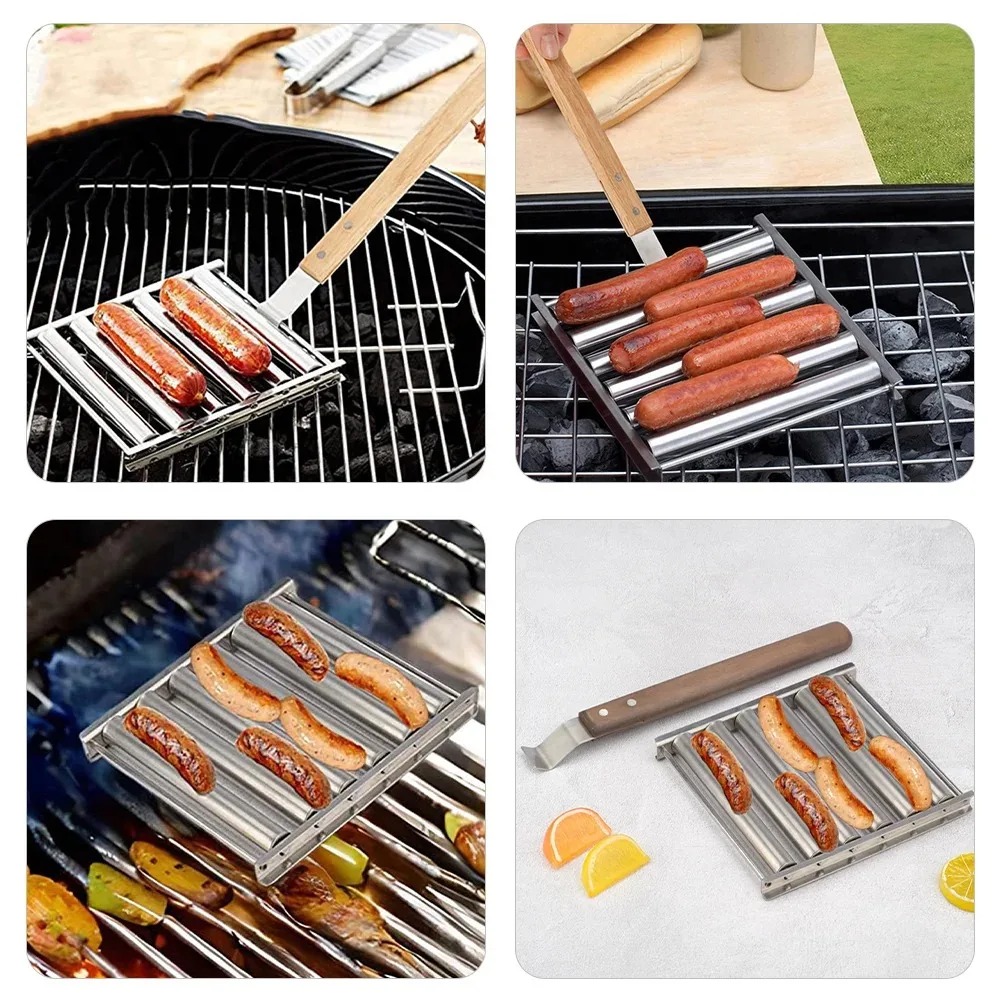 Stainless Steel BBQ Tools with Rustproof Square Grilling Grid Sausage Roller Rack Easy To Clean Party Camping Sausage Tools 4