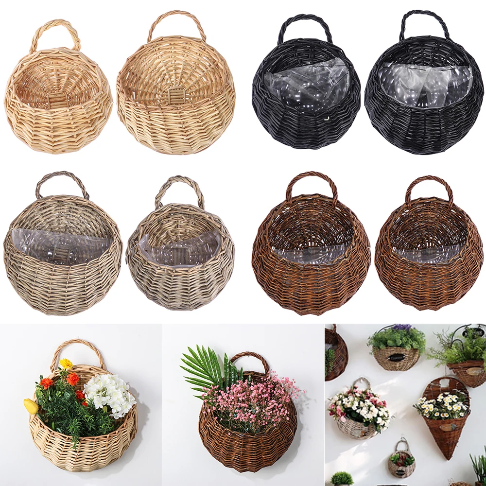 

Wicker Rattan Flower Basket Wall Hanging Handmade Green Vine Pot Planter Hanging Vase Container Wall Plant Basket For Garden