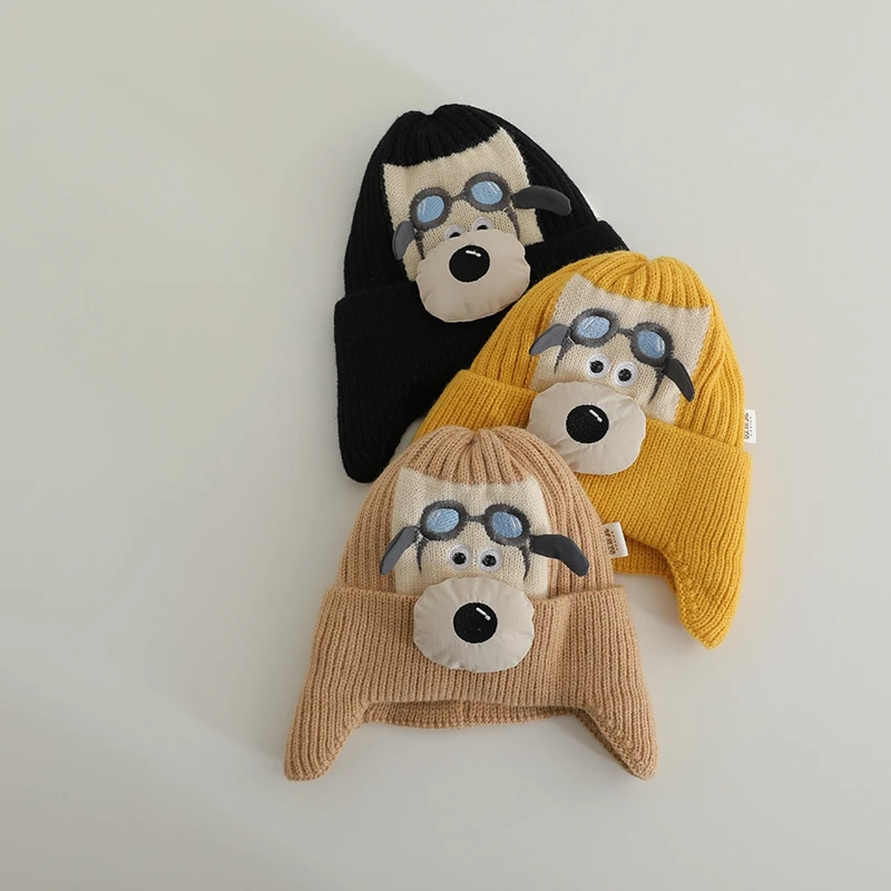 New Winter Kids Cartoon Knitted Hats Warm Ear Protection Hat for Boys Double Layer Pullover Beanie Cap 1-4Y