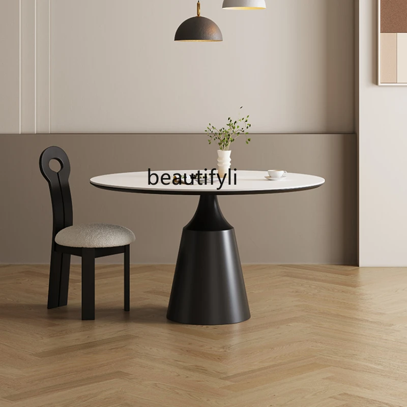 

Full Support Stone Plate round Dining Table Home Small Apartment French Pure Black round Table with Turntable Pure White Retro