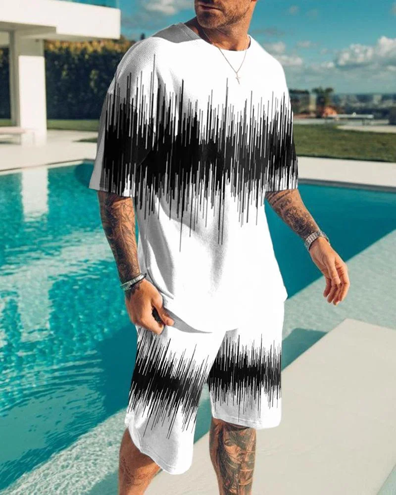 Summer Men's Tracksuit Stitching Stripes Pattern T-Shirt Shorts Set Vintage Outfit Casual Suit Male Oversized Street Clothing