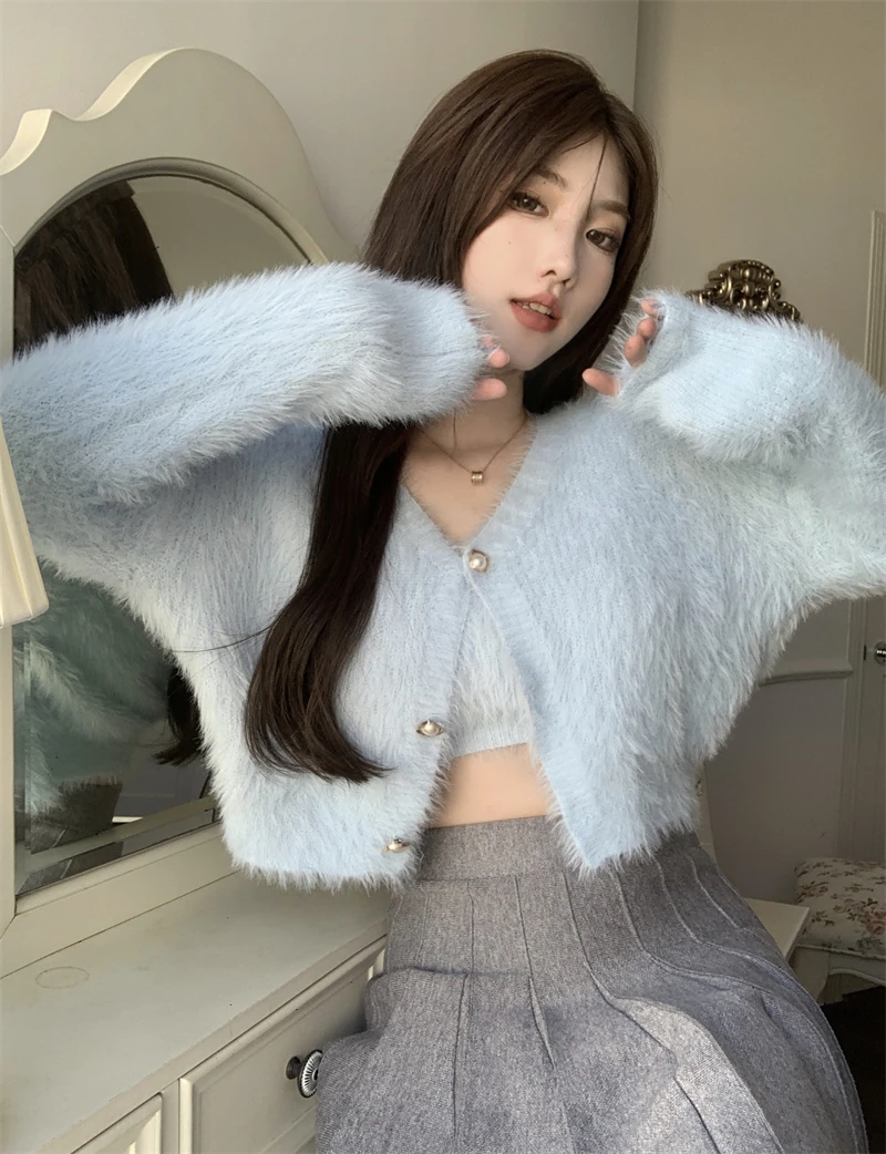 여성용 인조 밍크 헤어 2 피스 가디건 세트, 레이디 따뜻한 퍼지 긴팔, 느슨한 V넥 가디건 + 크롭 카미스, 가을 겨울
