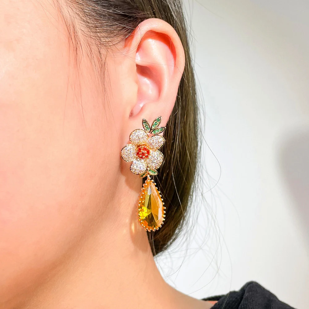 ThreeGraces Exquisite Yellow Cubic Zirconia Stone Flower Shape Long Drop Earrings for Women Luxury Bridal Party Jewelry E1439