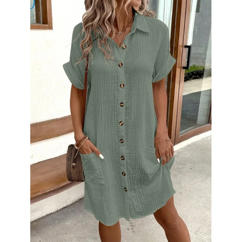 Summer New Minimalist Lapel Button Cotton Linen Dress with Pockets for Women's Fashionable Casual Shirt Skirt 739