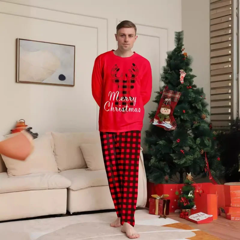 thumbnail image 4 of Conjunto de pijamas navideños con estampado de cuadros de cervatillo, conjunto a juego para madre, padre e hijos, traje suave y bonito de 2 piezas, ropa de dormir, aspecto familiar navideño, 4 of 5