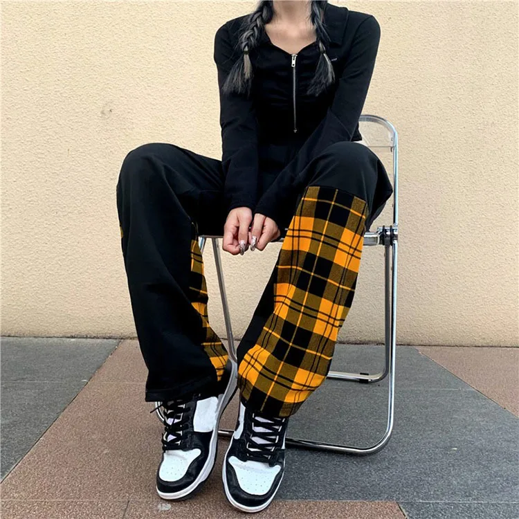 Retro casual pants women's spring autumn Korean version INS tide loose straight pants stitching plaid high waist wide leg pants capri sweatpants