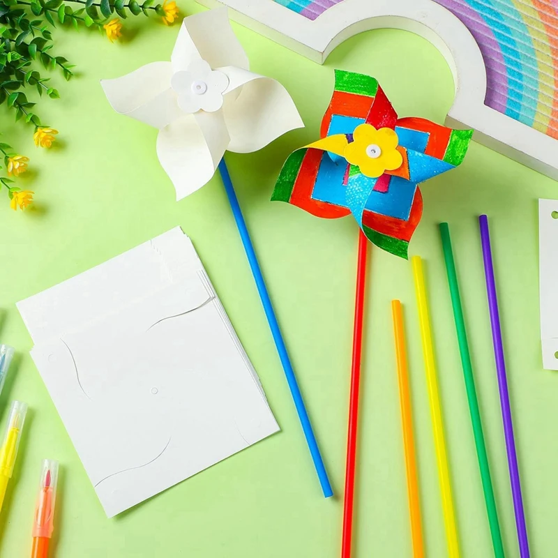 50pz Girandole di Carta Bambini Fai-Da-Te, Girandole Bianca Mulini a Vento Plastica Vuota Girandola Artigianato Bambini Attività Estive Gruppo Scolastico Asilo Nido Divertimento a Casa Graffiti