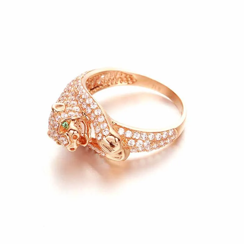

585 purple gold plated 14K rose gold inlaid with diamonds Leopard head rings for women classic sparkling domineering jewelry