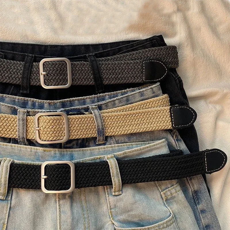 

Women Braided Belts Solid Colour Square Metal Buckle Belts for Women/men Comfortable Non-stretch Jeans Dress Waistband