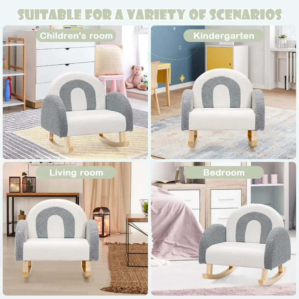 Kids Sofa, Toddler Rocking Chair with Solid Wooden Frame, Anti-Tipping Design, Plush Fabric, Children Armchair for Nursery 6