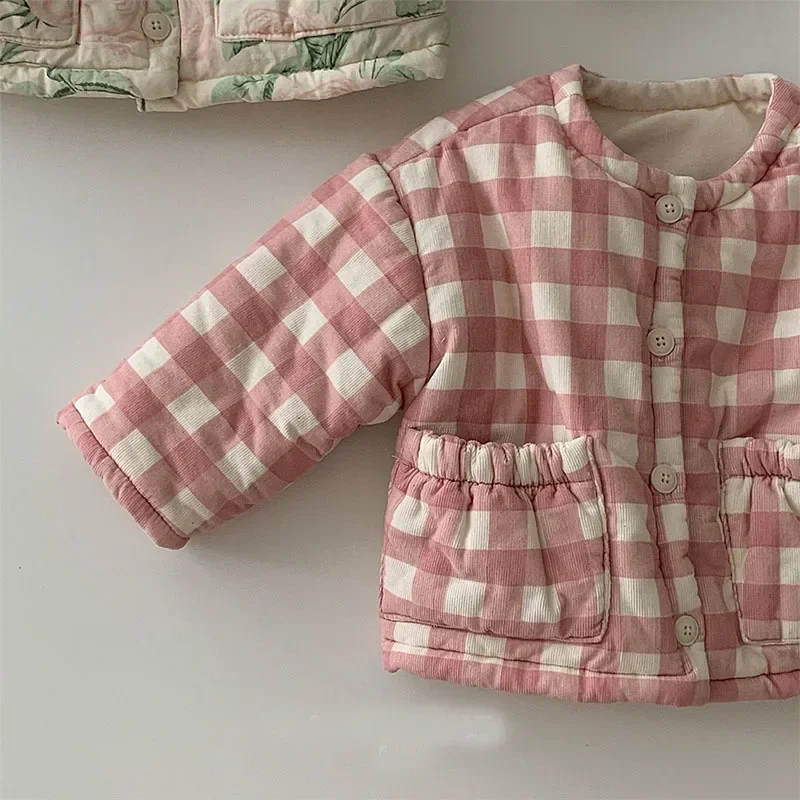 Korean Kids Boutique Clothing Down Jacket Coat Autumn Winter New Floral Printed Fashion Plaid O-neck Cotton Coat Warm Cute down jacket,children jackets