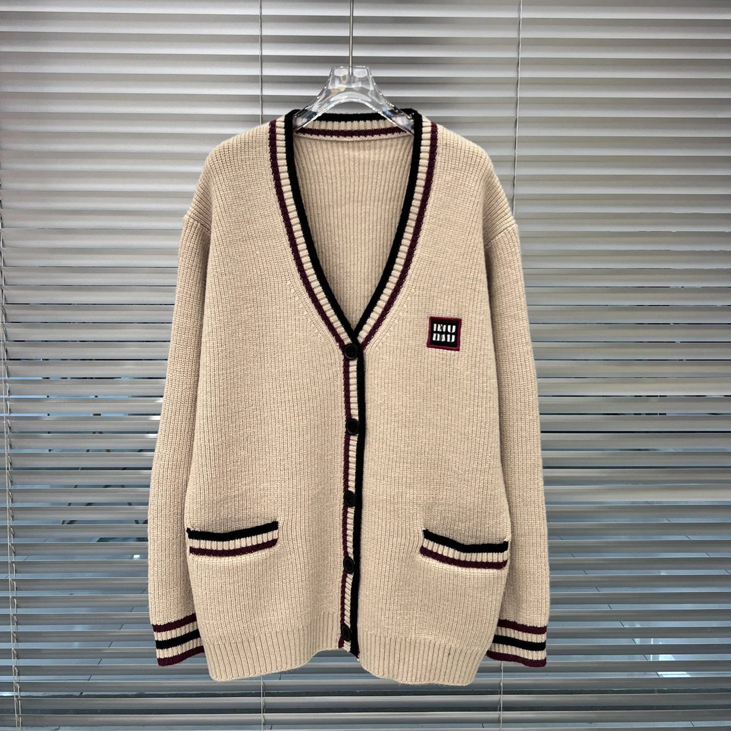 

2024 Spring Retro Khaki Cardigans Full Sleeves Letter Embroidery Striped V-neck Sweater Loose jumper Coat Clothing