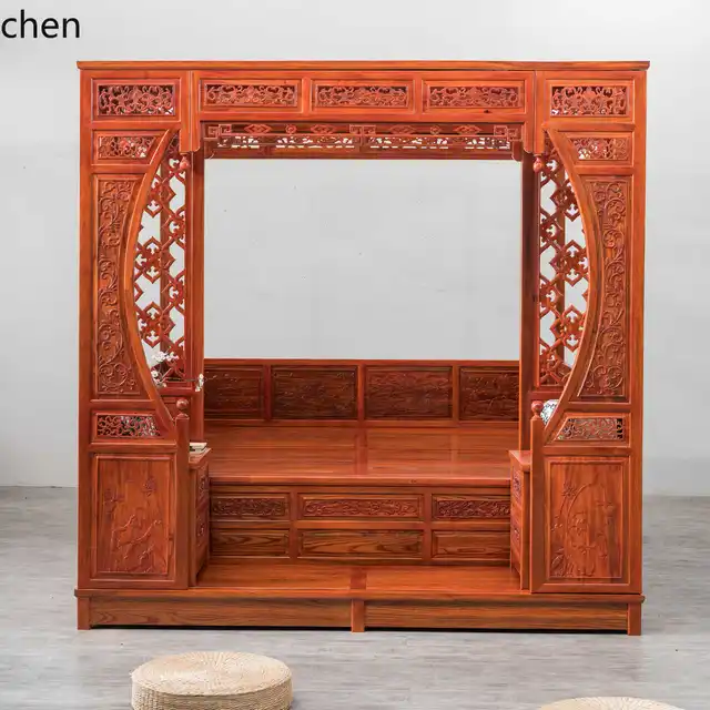 CZ Golden Flower Pear Carved Vintage Step Bed Antique Furniture Palace Solid Wood Bed Stepped Bed Frame 4