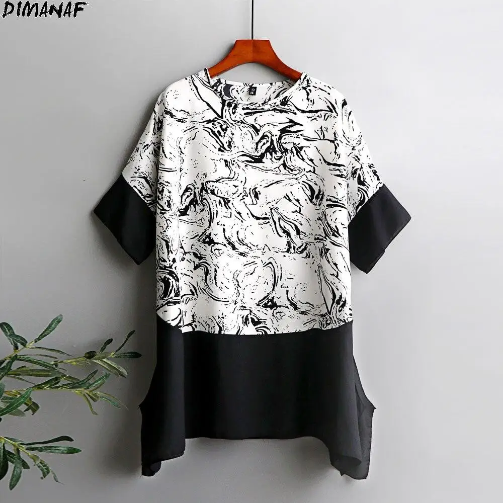 

DIMANAF Women Blouse T-Shirts Summer Vintage Chiffon Black Print Lady Tops Tunic Tees Shirt Oversize Loose Casual 2024 New
