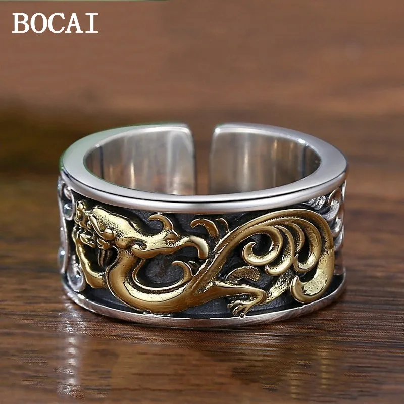 

BOCAI NEW S925 Silver Vintage Fashion Gold and Silver Two tone Dragon Open Ring Men's Gift