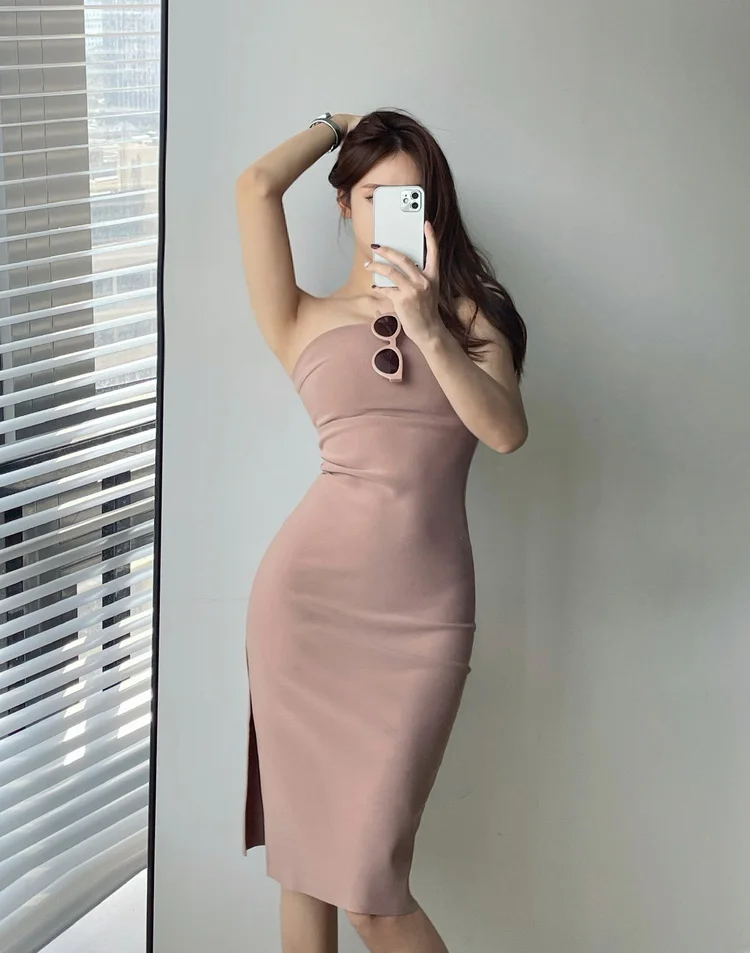 Women’s Solid Strapless Midi Dress With Fold Waist And Side Slit Detail