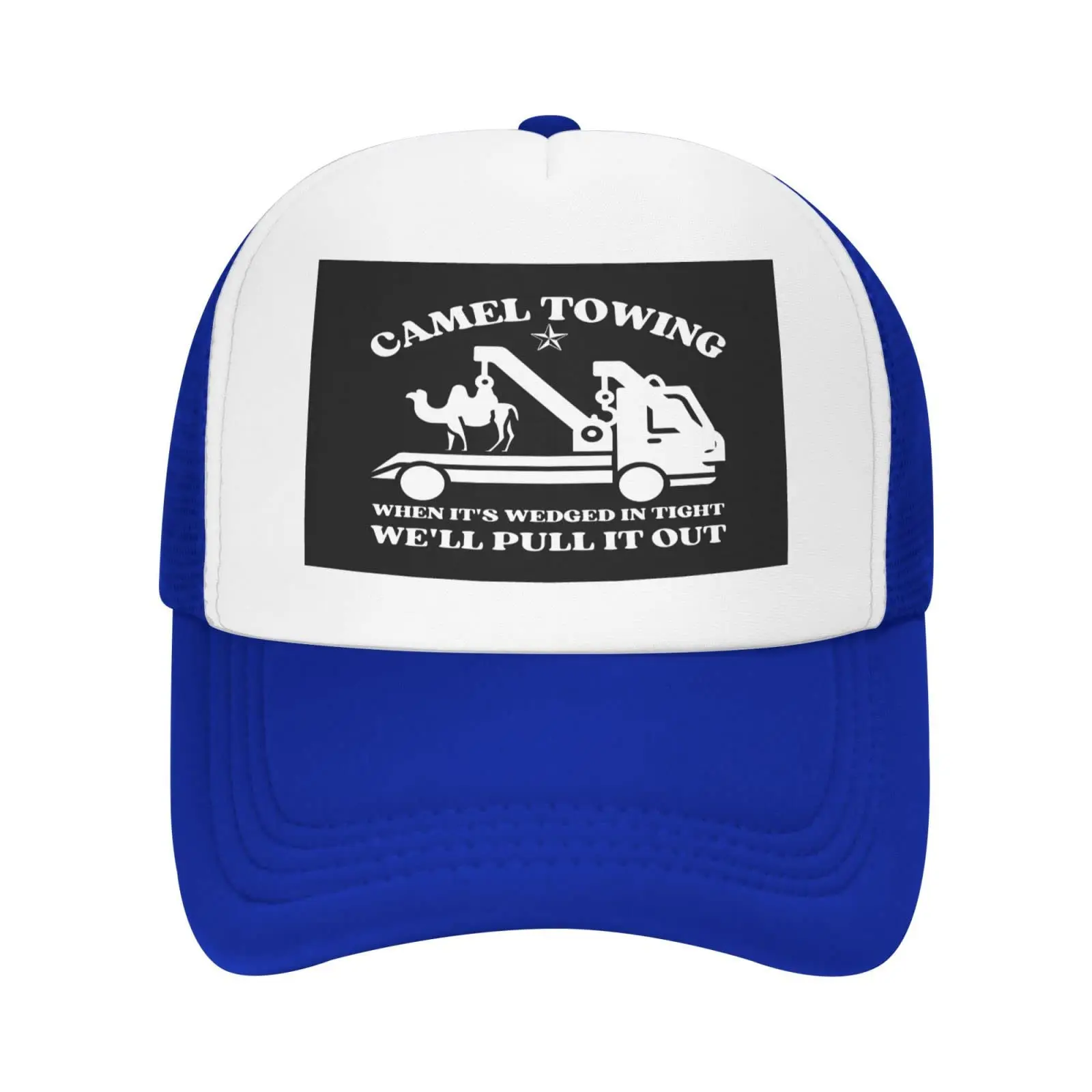 Camel Towing Trucker Hat Camel Towing Hat When It's Wedged in Tight We'll Pull It Out Hat for Men Women Mesh Sun Cap Blue
