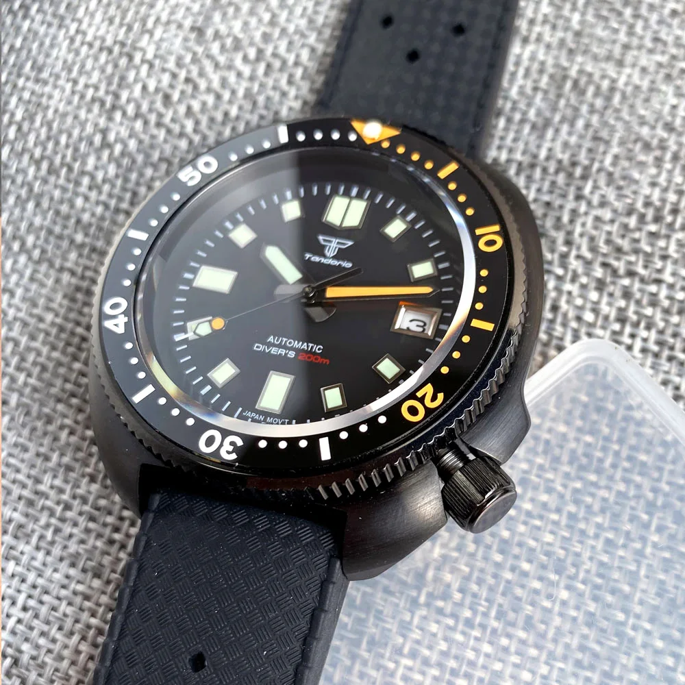 20ATM Tandorio 44mm Black PVD NH35A Movement Auto Mechanical Luxury Mens Watch Sapphire Glass Lume Date C3 Hands Rubber Strap