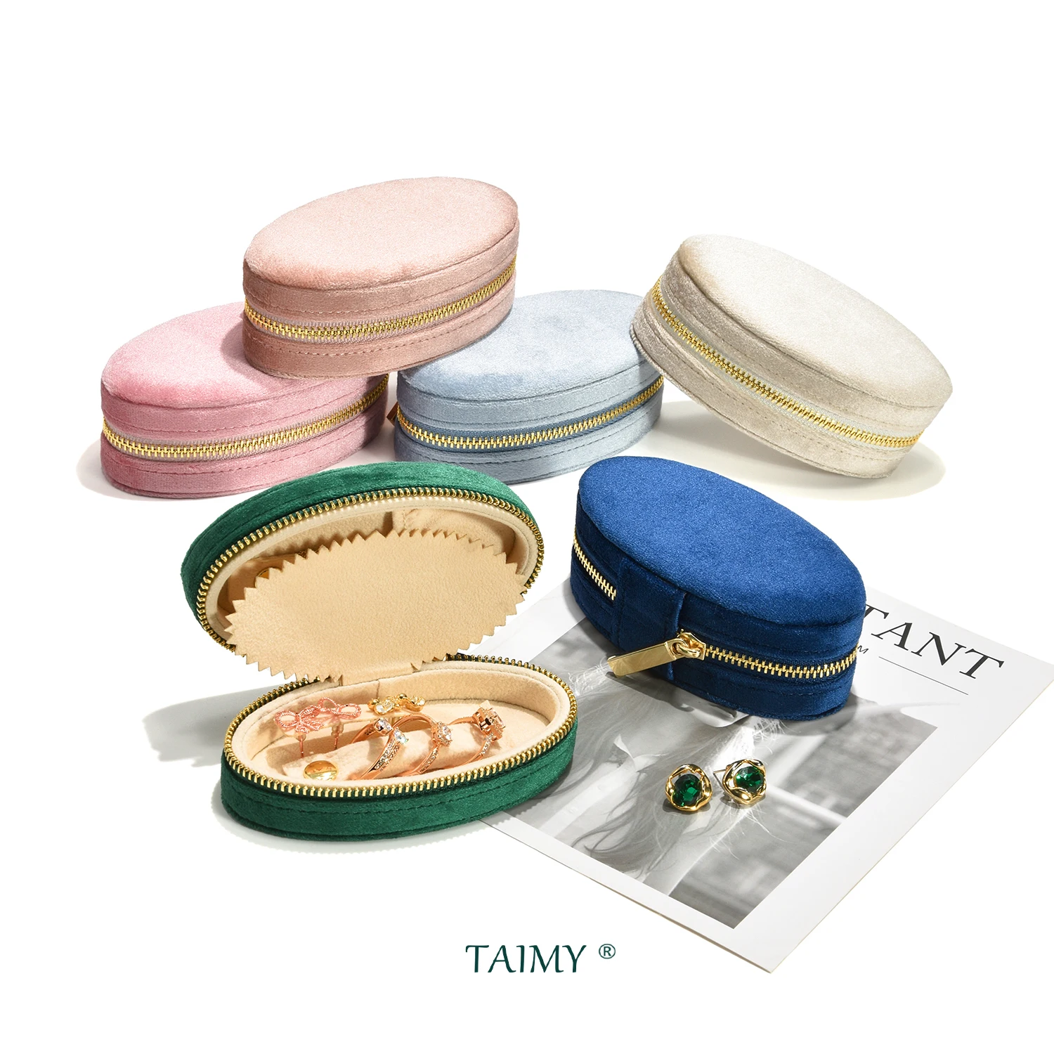 

TAIMY Velvet Oval Jewelry Box Suede Travel Ring Necklace Earrings Jewelry Zipper Storage Case Jewellery Organizer Custom Logo