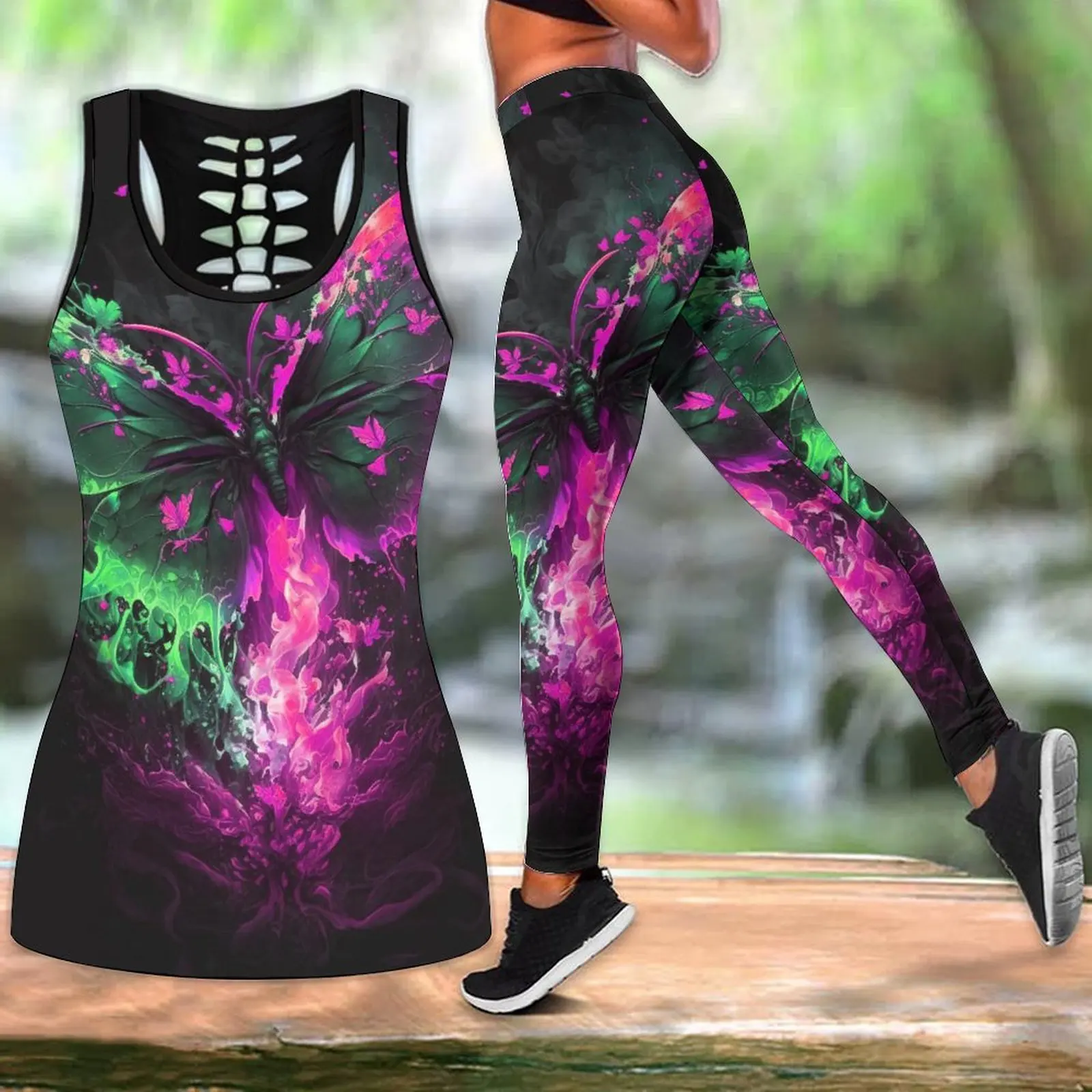 

Summer Fashion Yoga Outfit Glowing Aurora Butterflies Print Yoga Pants Set XS-8XL