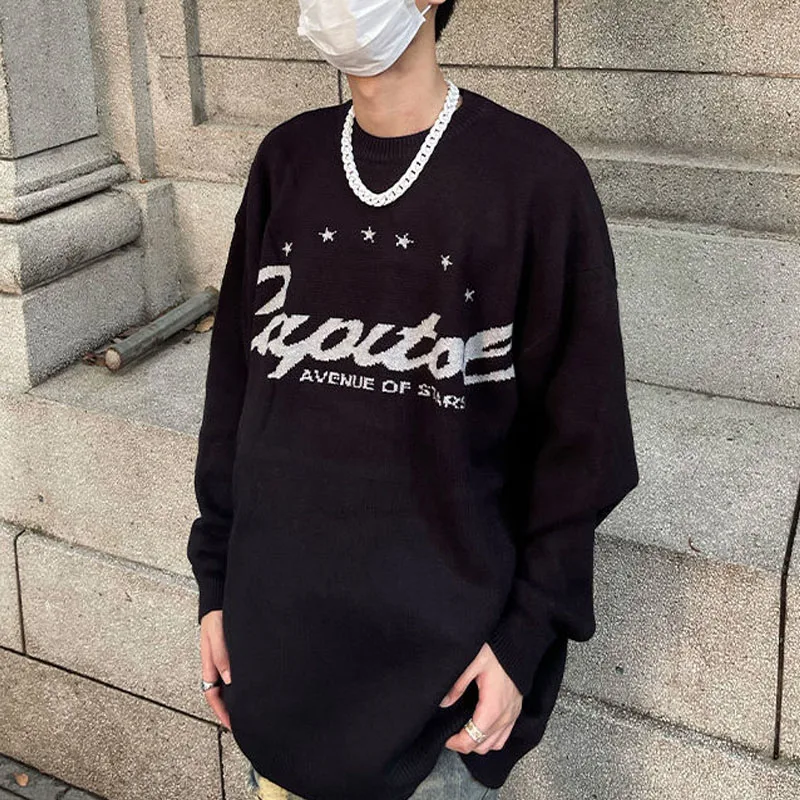 

American Vintage Style Knitting High Street Pullovers Men's Clothing O-Neck Letter Embroidery Stars Pattern Leisure Chic Sweater