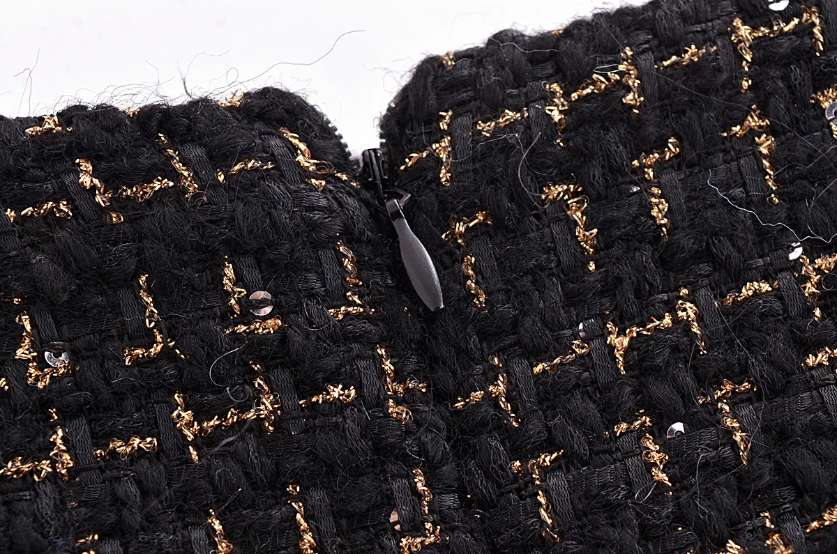 French Retro Women Black Weave Gold Line Tweed Blazer High Waist Center Buttons Back Zipper Mini Skirt Set Suits 2 pieces 1 set