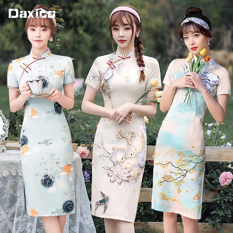 

Chinese Traditional Cheongsam Dress Woman Ancient Vintage Qipao Lady Slim Retro Party Mini Dresses Oriental