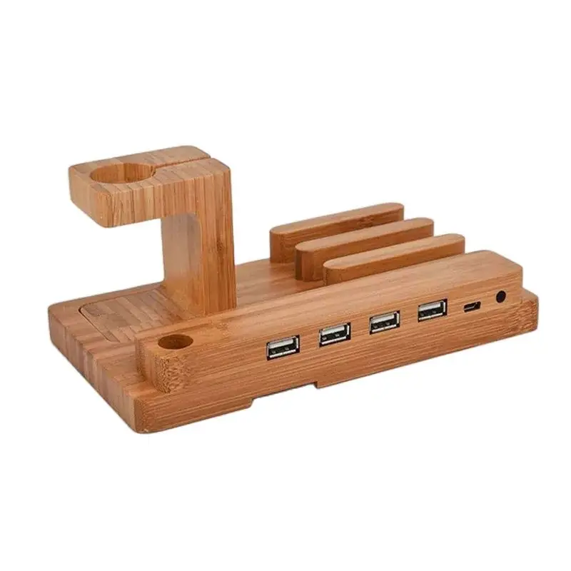 

4 USB Ports 3 in 1 Phone Watch Disassemble Bracket Charging Dock Stand Station Bamboo Base Charger Holder For Smartphone Tablet