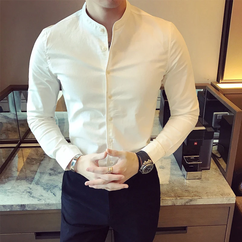 

Spring and Autumn Korean Slim Men Stand Collar Solid Color Casual Shirt Business Casual Shirt/ Men's long sleeve dress shirt 4XL