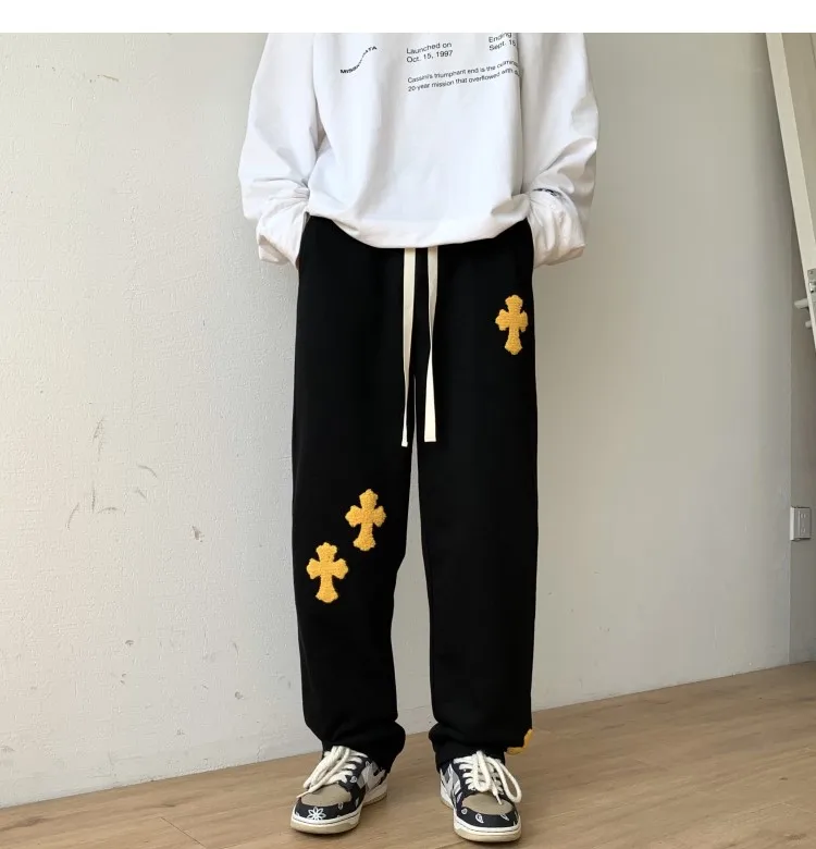 orange sweatpants Embroidered Cross Pattern Harem Pants for Teens Fashion Trends Streetwear Male Jogger Casual Drawstring Sweatpants Mens Clothing red sweatpants