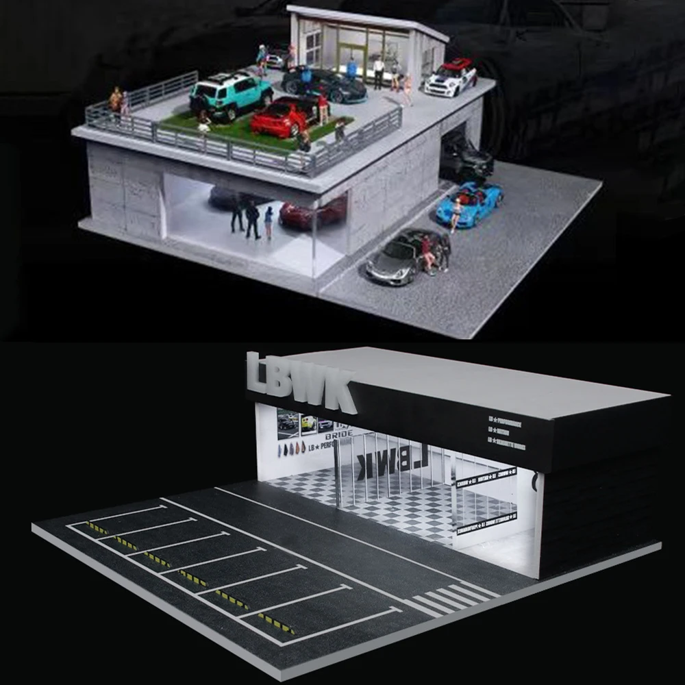 1/64 스케일 자동차 주차장 현실적인 미니어처 차고 디오라마 풍경 모델 자동차 정비소 장면 디스플레이 자동차 차고 모델 세트