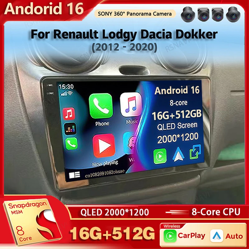 Radio Multimedia para Auto con Android 16 y Qualcomm para Renault Lodgy Dacia Dokker 2012-2020, Reproductor de Auto con Carplay, Estéreo, DVD y Voz AI 1